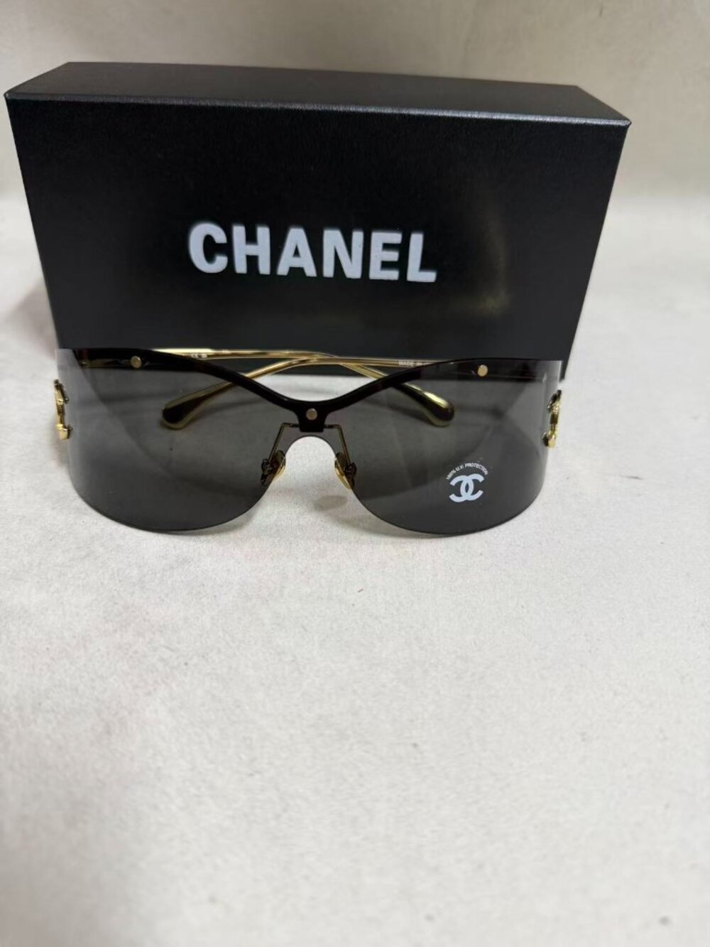 Chanel CH71787 Rimless Shield Sunglasses Gold Frame Gray Lens Italy With Box
